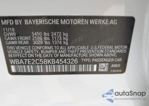 2019 BMW 740I z USA, uszkodzony, nr VIN WBA7E2C58KB454326